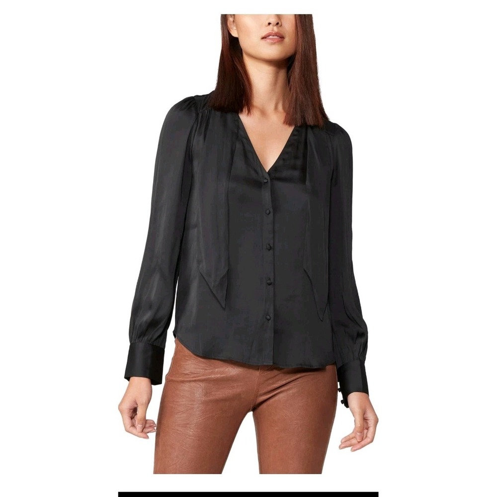 PAIGE Cleobelle Black Satin Tie Neck Button Front Blouse L Elegant Chic NWT